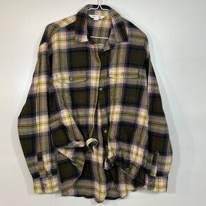 Old Navy The Boyfriend Shirt Plaid Flannel Button Down Olive Pink Large